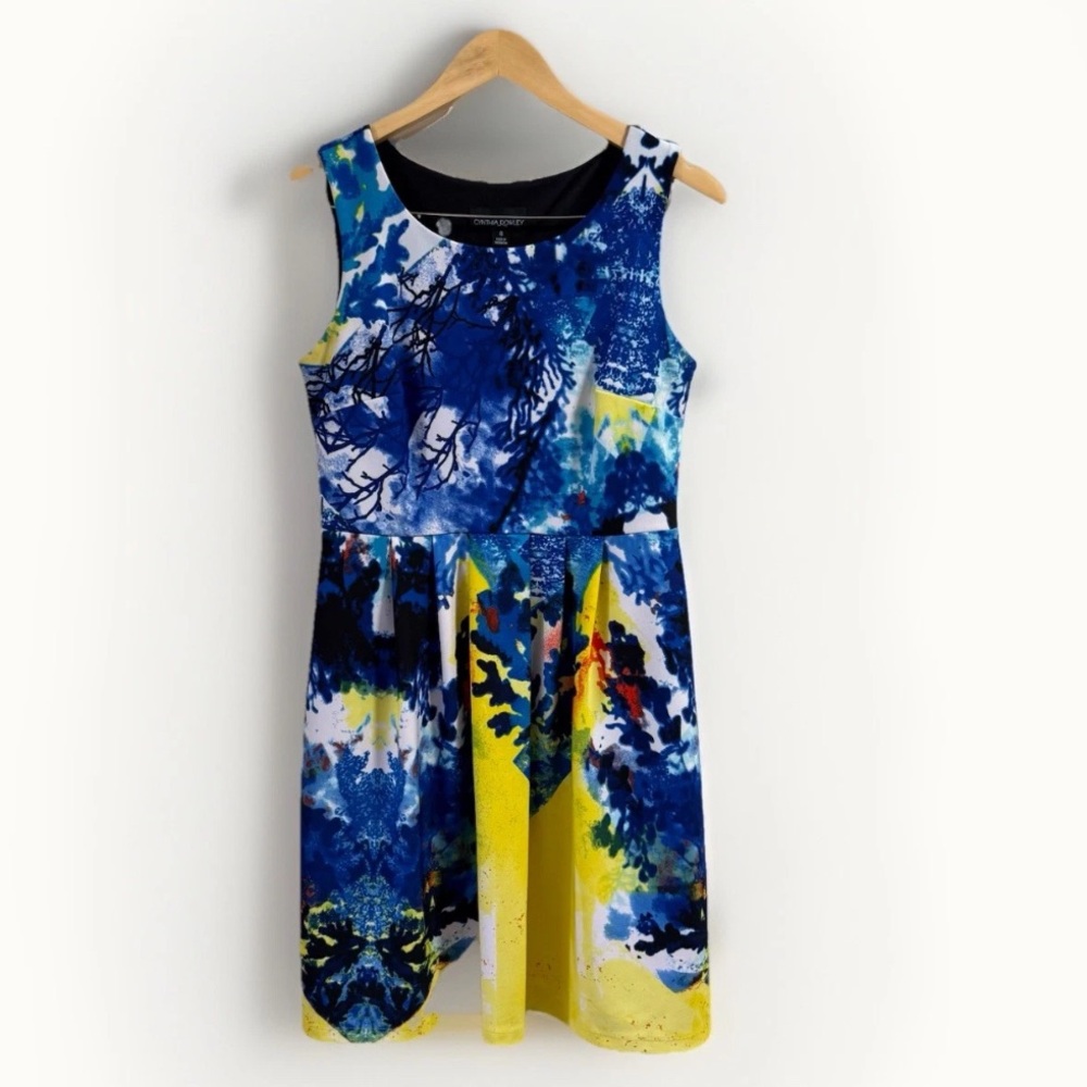 Cynthia Rowley Dress Sz 8 Sleeveless Blue Yellow Abstract Artsy Fit Flare Color